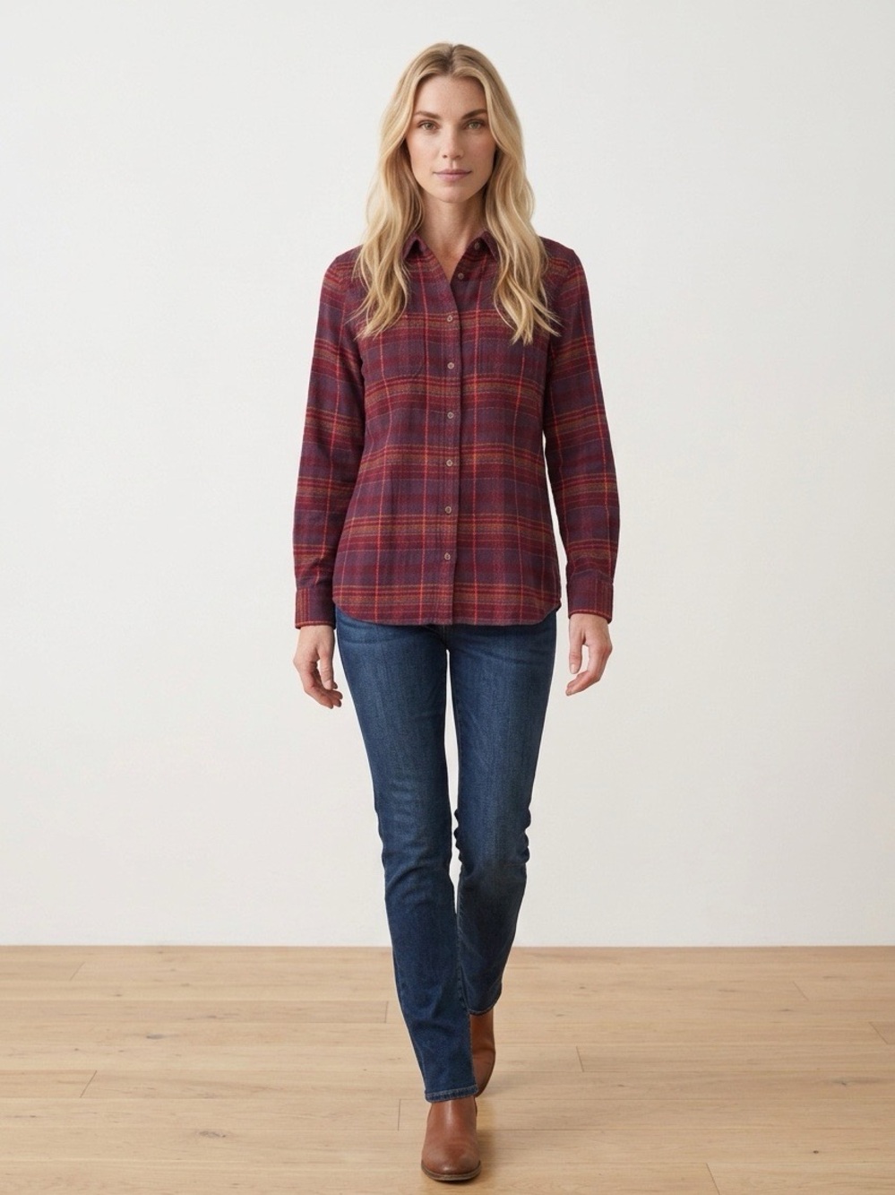 Duluth Trading Co Plaid Cotton Flannel Shirt in Burgundy and Navy Size Medium - Picture 2 of 7